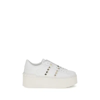 Valentino Garavani White Rockstud Elegant Sneakers With Golden Studs