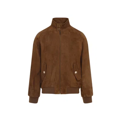 Valentino Ribbed Lambskin Suede Leather Jacket With Stand-up Collar In Brown