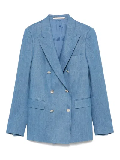 Tagliatore Double-breasted Cotton Jacket With Structured Shoulders In Blue