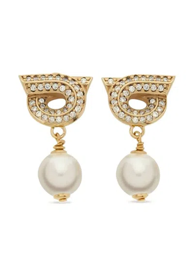 Ferragamo Crystal Embellished Gancini Pearl Drop Earrings In Gold