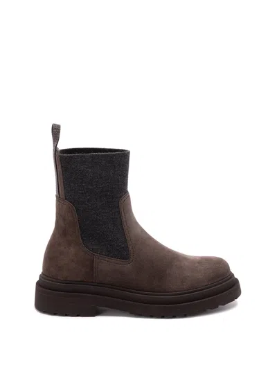Brunello Cucinelli Chunky Sole Suede Ankle Boots With Monili Detail In Brown