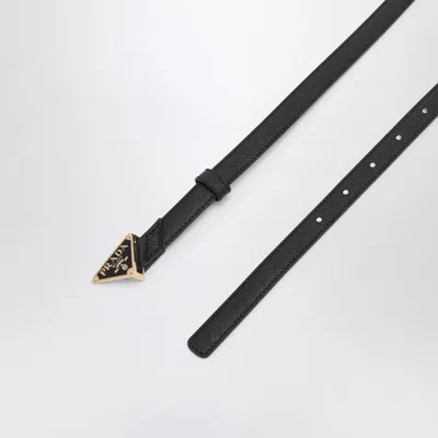 Prada Triangle Logo Saffiano Thin Leather Belt In Black
