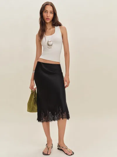 Reformation Carolina Lace Trim Silk Midi Skirt In Black