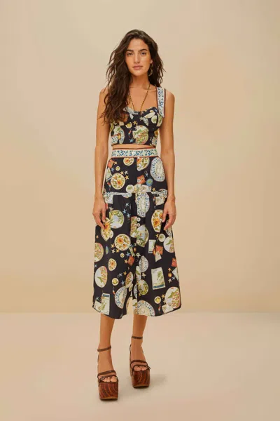 Farm Rio Trip Souvenir Black Mixed Buttons Midi Skirt Trip Souvenir Black