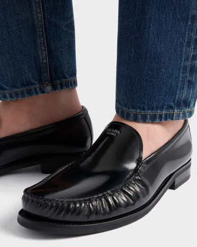 Prada Brushed Leather Loafers Shoes In Black