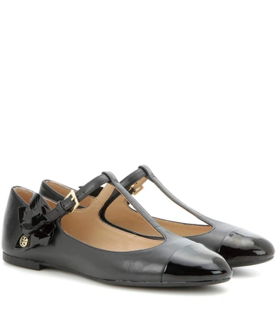 Shop Tory Burch Blossom Leather And Patent Leather T-strap Ballerinas In Llack