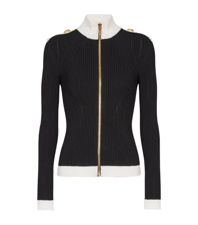 Balmain Zipped Turtleneck Knit Cardigan In Black