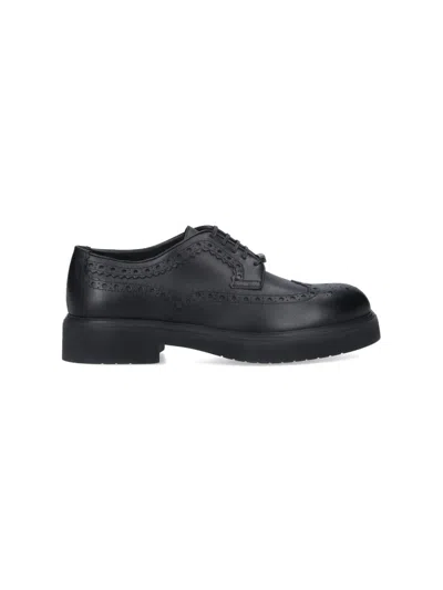 Ferragamo Lace Brogue Shoes Round Toe Rubber Sole In Black