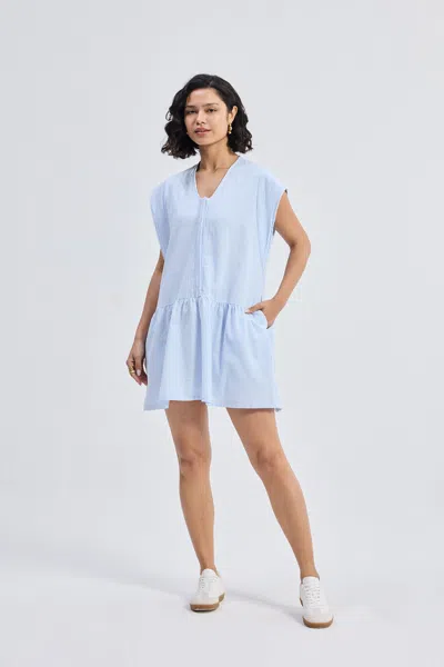 Reistor Oversized V-neck Short Dress With Concealed Placket In Blue