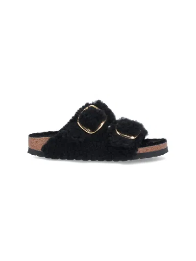 Birkenstock Arizona Shearling Slides With Large Buckle In Black