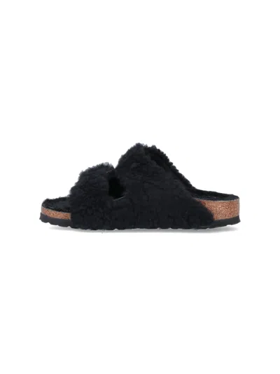 Birkenstock Arizona Shearling Slides With Large Buckle In Black