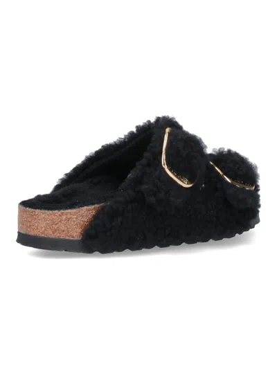 Birkenstock Arizona Shearling Slides With Large Buckle In Black