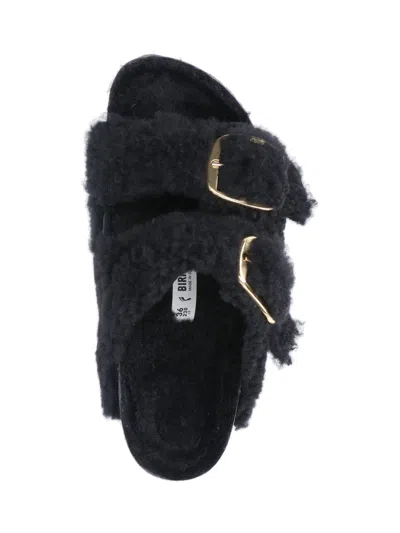 Birkenstock Arizona Shearling Slides With Large Buckle In Black