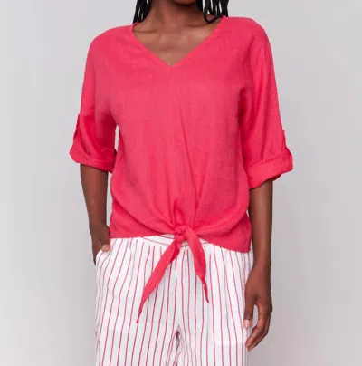 Charlie B Linen Blend 3/4 Sleeve Top With Front Tie In Paradise