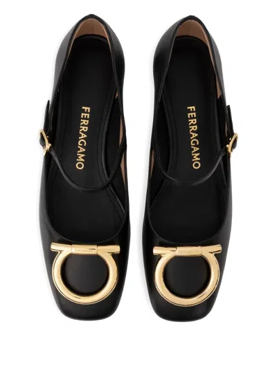 Ferragamo Buckle Detail Gold-tone Hardware Ballerina Shoes In Black
