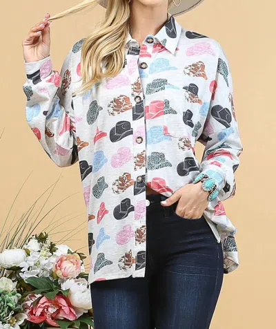 Avery Apparel Hat Print Button Down Long Sleeve Top In Light Grey/multi