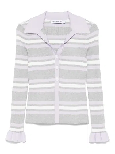 Self-portrait Grey Cardigan With Spread Collar And All-over Striped Motif In Viscose Blend Woman In Multi