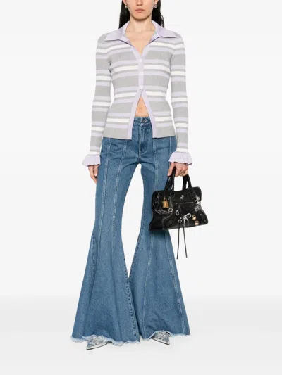 Self-portrait Grey Cardigan With Spread Collar And All-over Striped Motif In Viscose Blend Woman In Multi