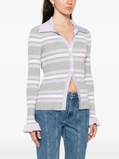 Self-portrait Grey Cardigan With Spread Collar And All-over Striped Motif In Viscose Blend Woman In Multi