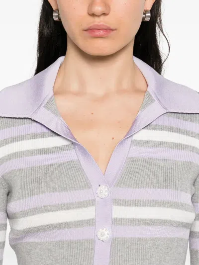 Self-portrait Grey Cardigan With Spread Collar And All-over Striped Motif In Viscose Blend Woman In Multi