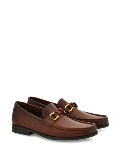 Ferragamo Alain Leather Loafers Gold-tone Hardware Round Toe In Brown