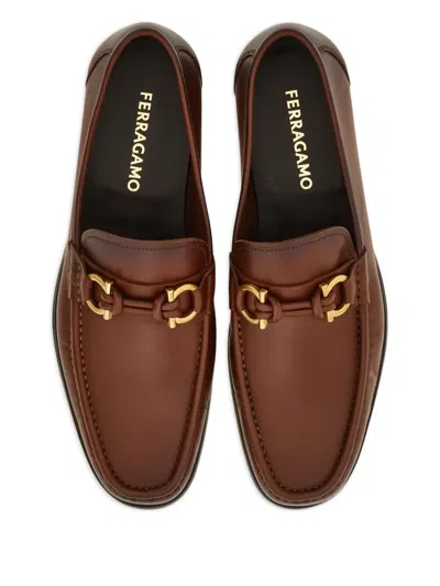 Ferragamo Alain Leather Loafers Gold-tone Hardware Round Toe In Brown