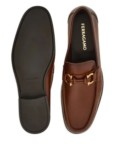 Ferragamo Alain Leather Loafers Gold-tone Hardware Round Toe In Brown