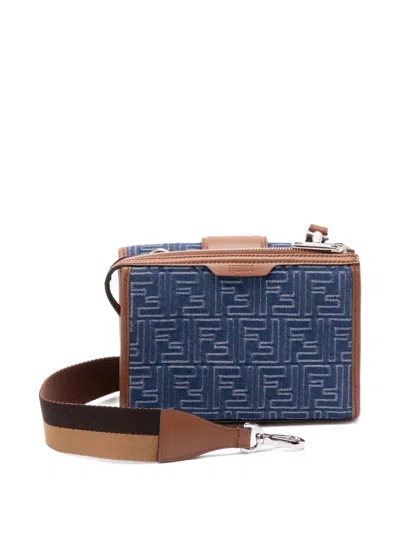 Fendi Denim-effect Ff Jacquard And Leather Double Baguette Bag In Blue