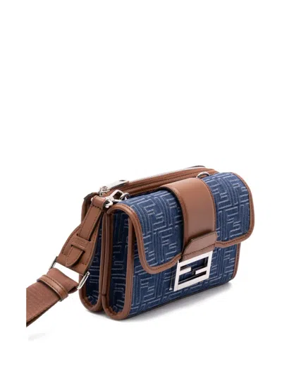 Fendi Denim-effect Ff Jacquard And Leather Double Baguette Bag In Blue