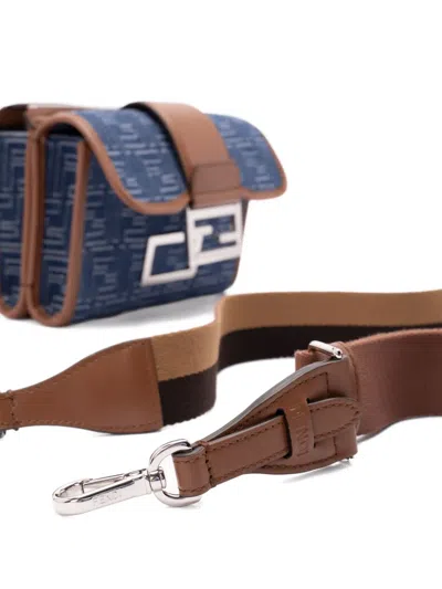 Fendi Denim-effect Ff Jacquard And Leather Double Baguette Bag In Blue