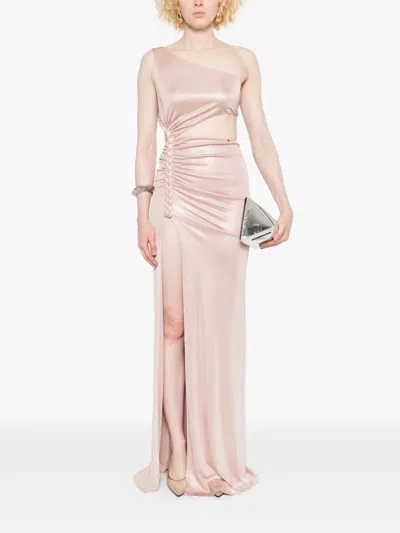 露背褶饰超长连衣裙