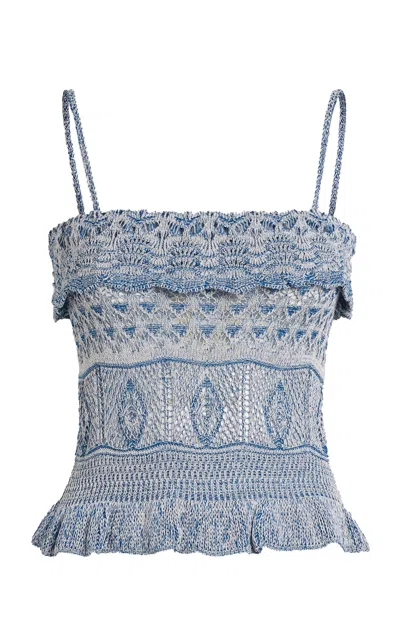 Etro Cropped Ruffled Pointelle-knit Cotton-blend Top In Multi