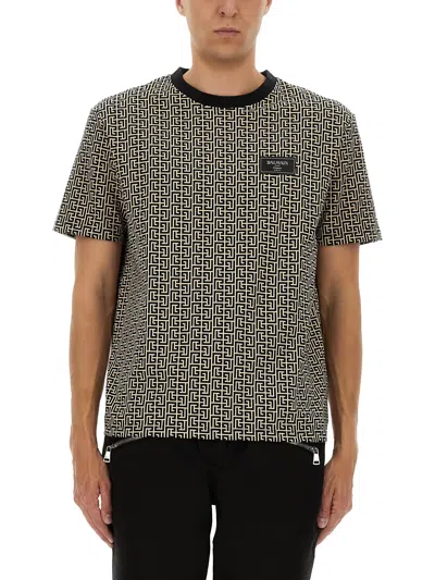 Balmain Men's Monogram Jacquard Signature Label T-shirt In Brown