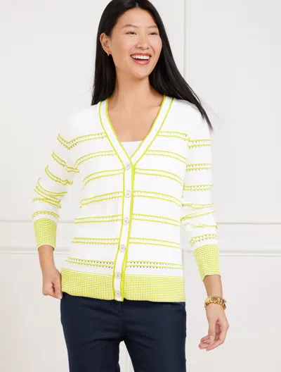 Talbots Plus Petite - V-neck Girlfriend Cardigan Sweater - Bicolor Stripe - White/lime Citron - 3x - 100% Co