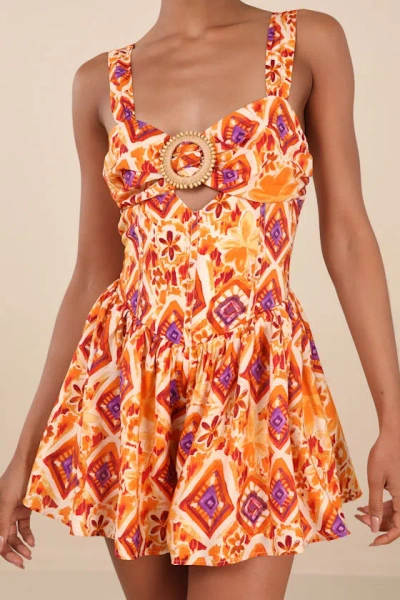 Lulus Luniper Orange Multi Boho Print Basque Waist Romper In Multi