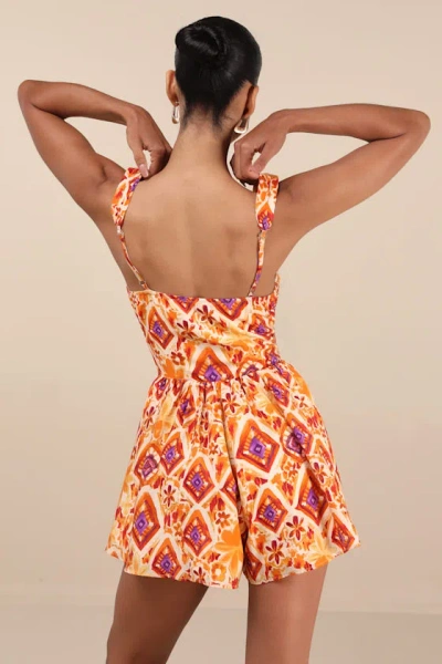 Lulus Luniper Orange Multi Boho Print Basque Waist Romper In Multi