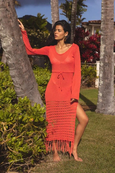 Lulus Lokelani Bright Red Crochet Fringe Long Sleeve Swim Cover-up In Red