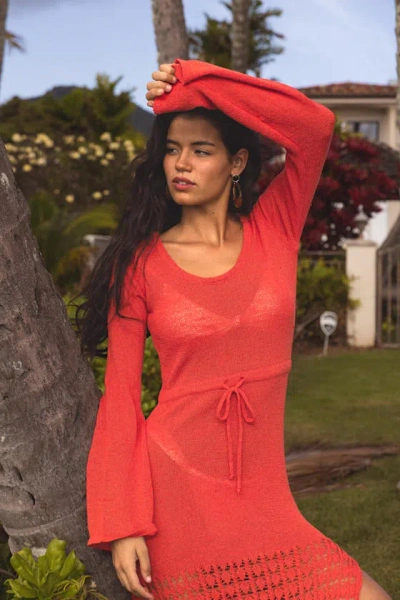 Lulus Lokelani Bright Red Crochet Fringe Long Sleeve Swim Cover-up In Red