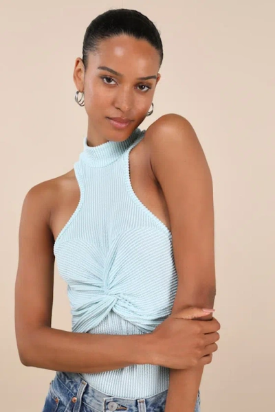 Lulus Vyla Light Blue Textured Ribbed Twist-front Bodysuit In White