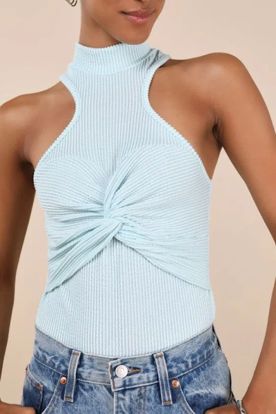 Lulus Vyla Light Blue Textured Ribbed Twist-front Bodysuit In White