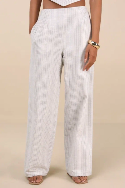Lulus Anahita Cream And Blue Striped Mid-rise Straight Leg Pants In Animal Print