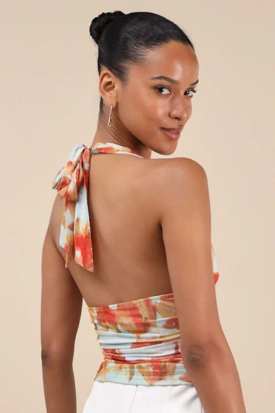 Lulus Ayaka Light Blue And Orange Abstract Mesh Halter Top In Multi