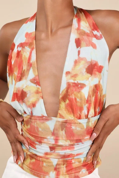 Lulus Ayaka Light Blue And Orange Abstract Mesh Halter Top In Multi