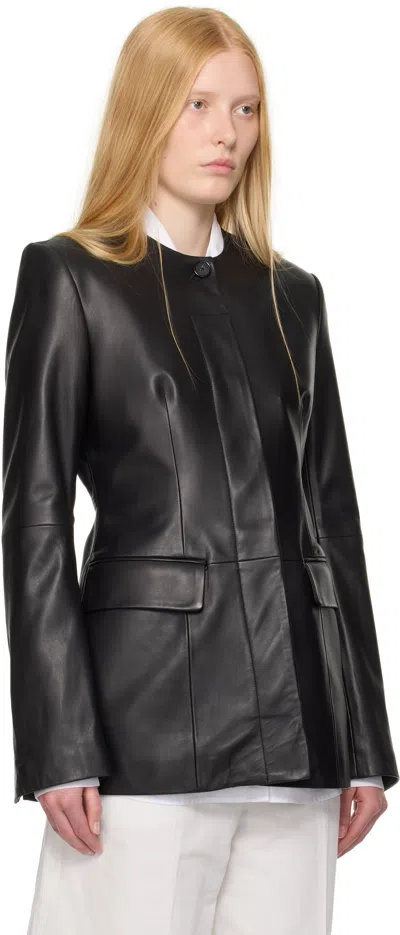 Totême Womens Collar-less Long Leather Jacket Black