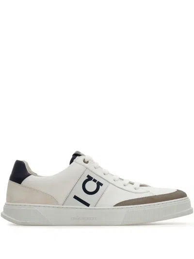 Ferragamo Alaska Leather And Suede Sneaker With Gancini Detail In White
