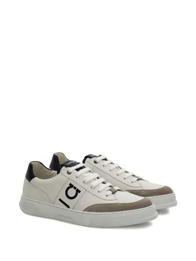Ferragamo Alaska Leather And Suede Sneaker With Gancini Detail In White