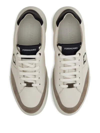 Ferragamo Alaska Leather And Suede Sneaker With Gancini Detail In White