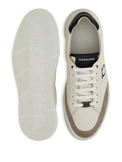 Ferragamo Alaska Leather And Suede Sneaker With Gancini Detail In White