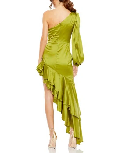 Mac Duggal One-shoulder Ruffle Charmeuse Long Sleeve Cocktail Dress In Green