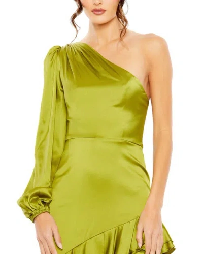 Mac Duggal One-shoulder Ruffle Charmeuse Long Sleeve Cocktail Dress In Green